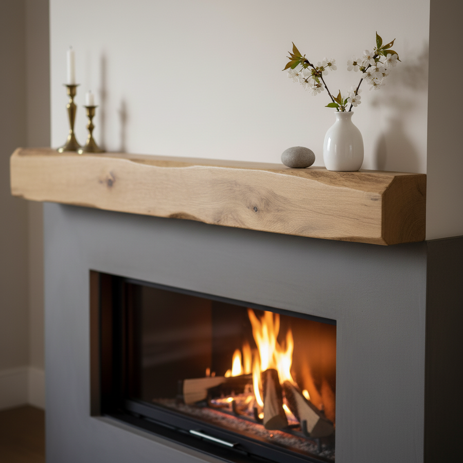 Solid Oak Fireplace Beam 7.5x10cm – Heavily Worked – Rustic Oak Mantel Shelf