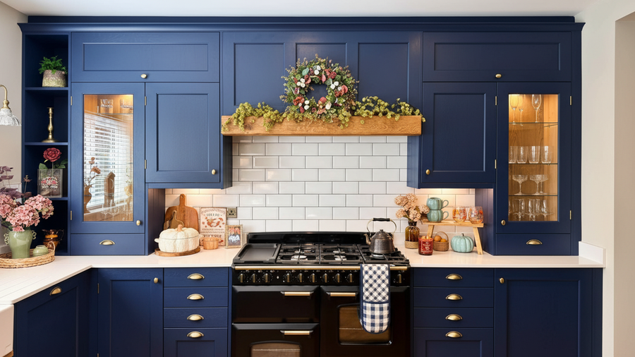Modern kitchen shows oak beam with blue cabinets, white tiled backsplash, and black stovetop.