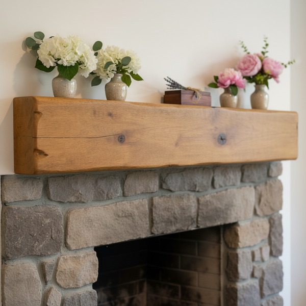 Solid Oak Fireplace Beam 20x10cm – Heavily Worked – Rustic Oak Mantel Shelf