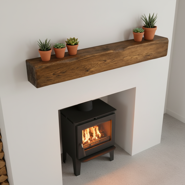 Solid Oak Fireplace Beam 15x15cm – Heavily Worked – Rustic Oak Mantel Shelf