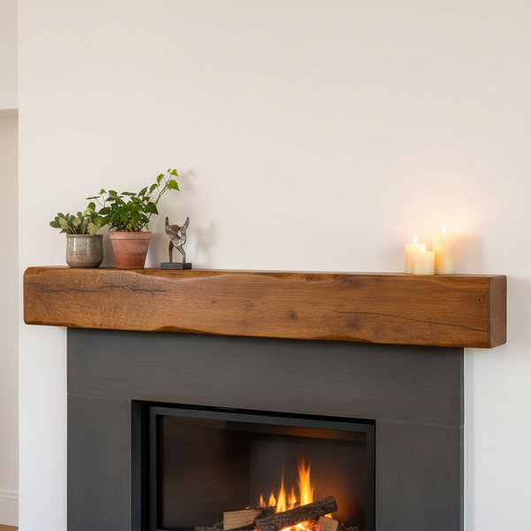 Solid Oak Fireplace Beam 12.5x10cm – Heavily Worked – Rustic Oak Mantel Shelf